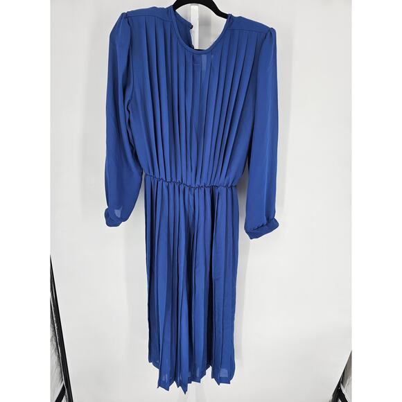 Sandy Sandy Womens Blue Pleated Long Sleeve Button-Front Fit & Flare Dress Sz 6 - Picture 2 of 5